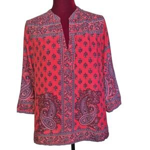 J. Jill Boho Paisley Red Print 3/4 Sleeves V-Neck Blouse Size L